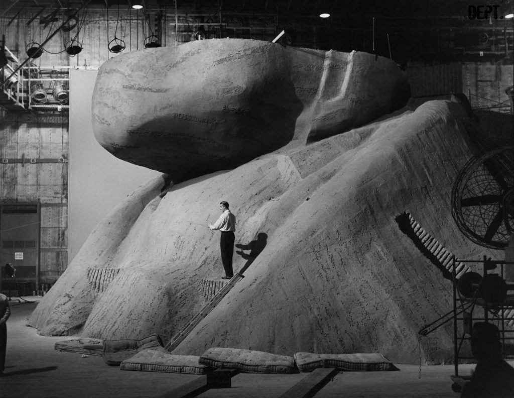 A huge presidential nose offers a sense of scale for the Mount Rushmore sets created for the climax of North by Northwest, courtesy of the Academy of Motion Picture Arts and Sciences